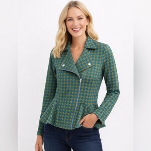 K Jordan Moto Houndstooth Blazer Jacket Top Size Small Green Blue lightweight